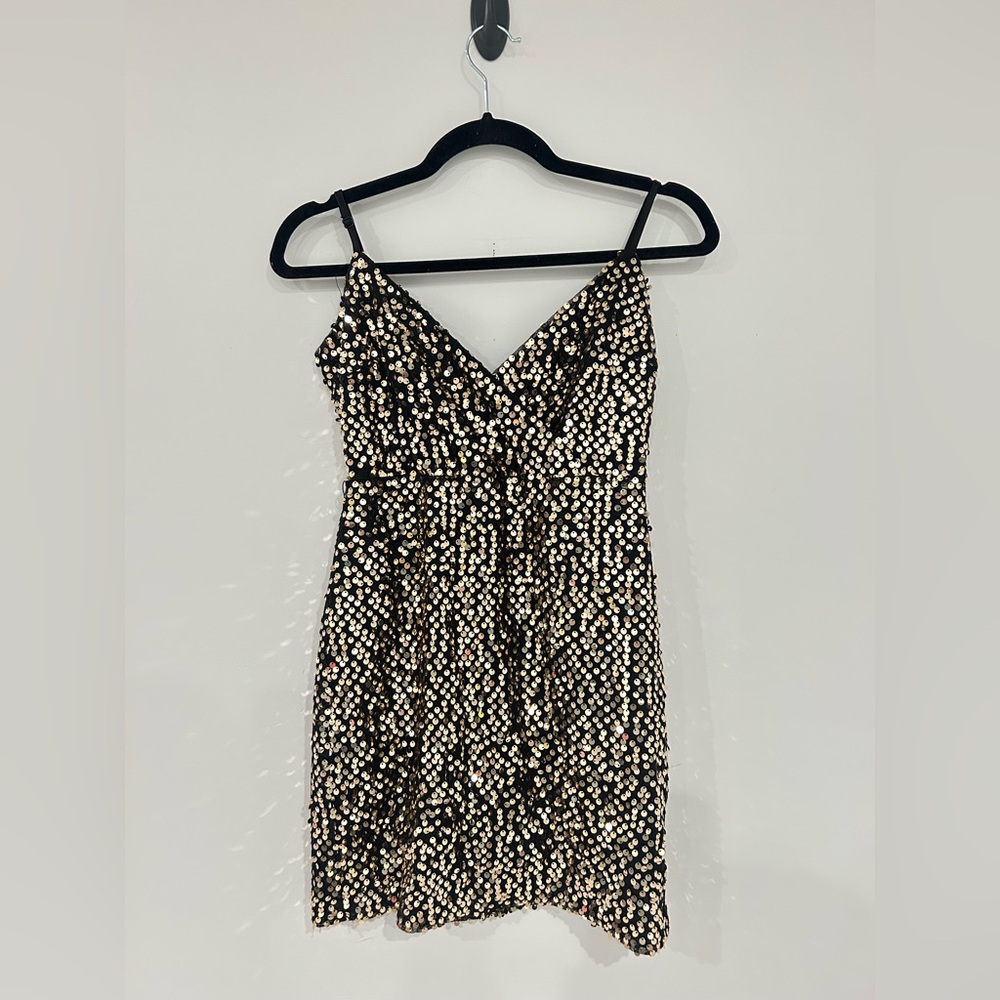 Showpo Black and Gold Sequin Mini Dress
